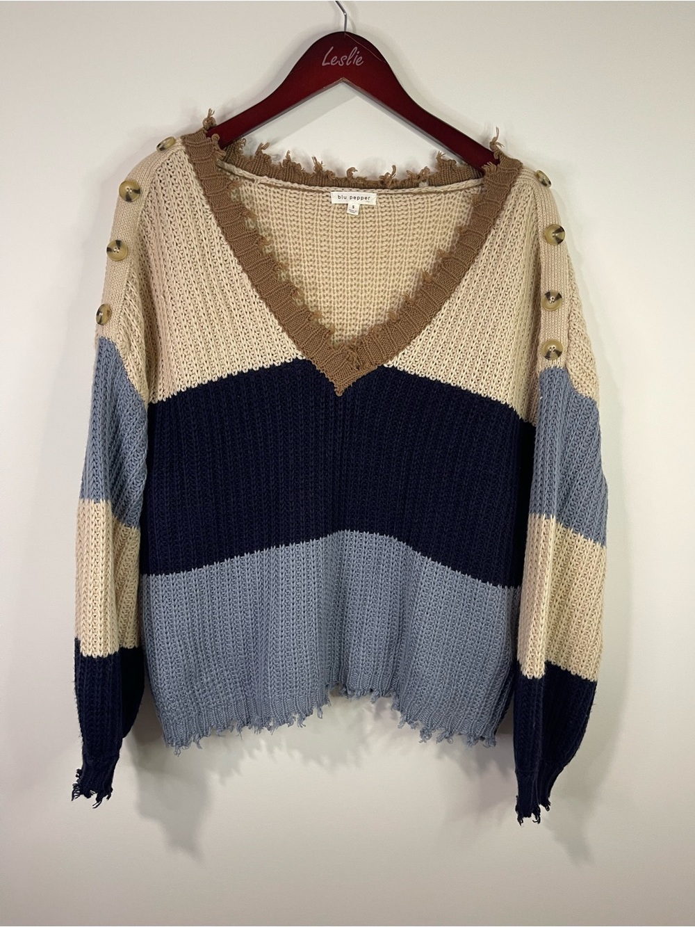 Blu Pepper Colorblock Distressed V-Neck Sweater - Cream, Navy & Light Blue